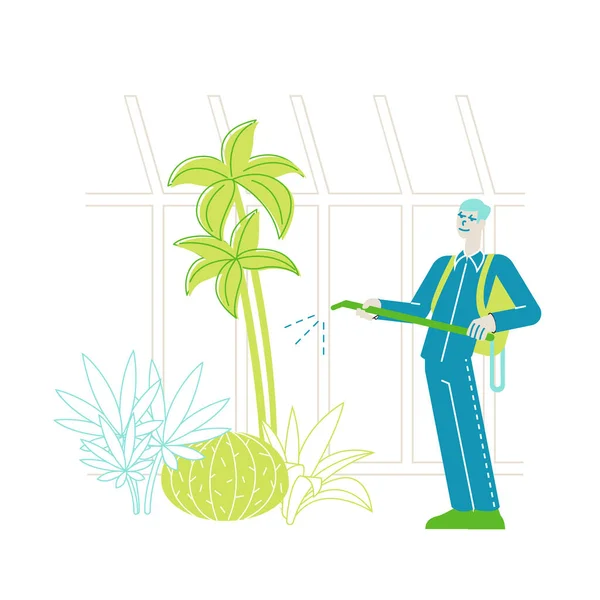 Trabalhador ou jardineiro personagem pulverizador fertilizantes em estufa. Personagem Masculino Crescendo, Plantando e Cuidando de Plantas no Jardim Pomar. Agricultura Farming Industry Hobby. Ilustração Linear do Vetor — Vetor de Stock