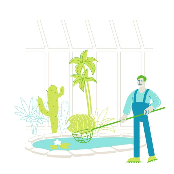 Gardener Worker or Botanist Scientist Character Catch Floating Lotus Flowers with Butterfly Net at Pond in Greenhouse Area with Different Exotic and Rare Plants Species. Ilustração Linear do Vetor — Vetor de Stock