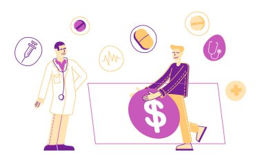 Erkek Karakter Beyaz Bornozlu Doktora Büyük Dolarlık Fatura Veriyor. Üzerinde Tıbbi Malzemeler, Uyuşturucu ve Malzemeler uçuşuyor. İlaç Fiyatı ve Sağlık Hizmetleri Maliyeti Konsepti. Doğrusal İnsanlar Vektör İllüstrasyonu