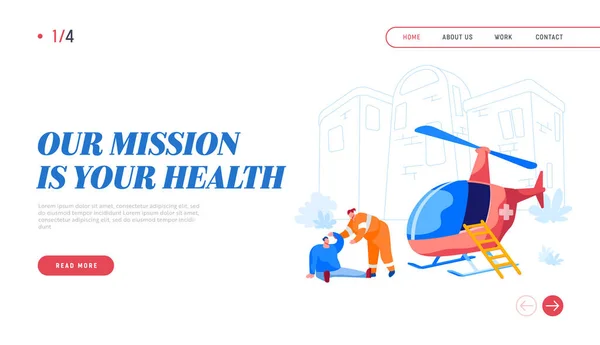 Transport för medicinsk personal Landning Page Template. Räddare Karaktär Hjälp Skadade Man på gatan. Akut helikopter ambulans Första hjälpen transport och sjukhus. Tecknad människor vektor Illustration — Stock vektor