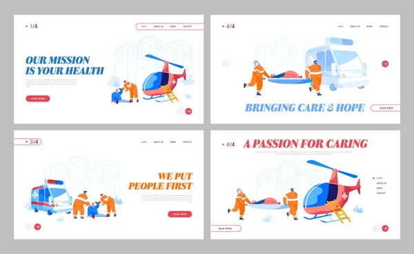 Air Ambulance Service Landing Page Template Set (en inglés). Los Personajes Médicos Llevan Camilla con Paciente Herido. Médicos paramédicos de emergencia, personal médico, atención médica. Dibujos animados Gente Vector Ilustración — Vector de stock