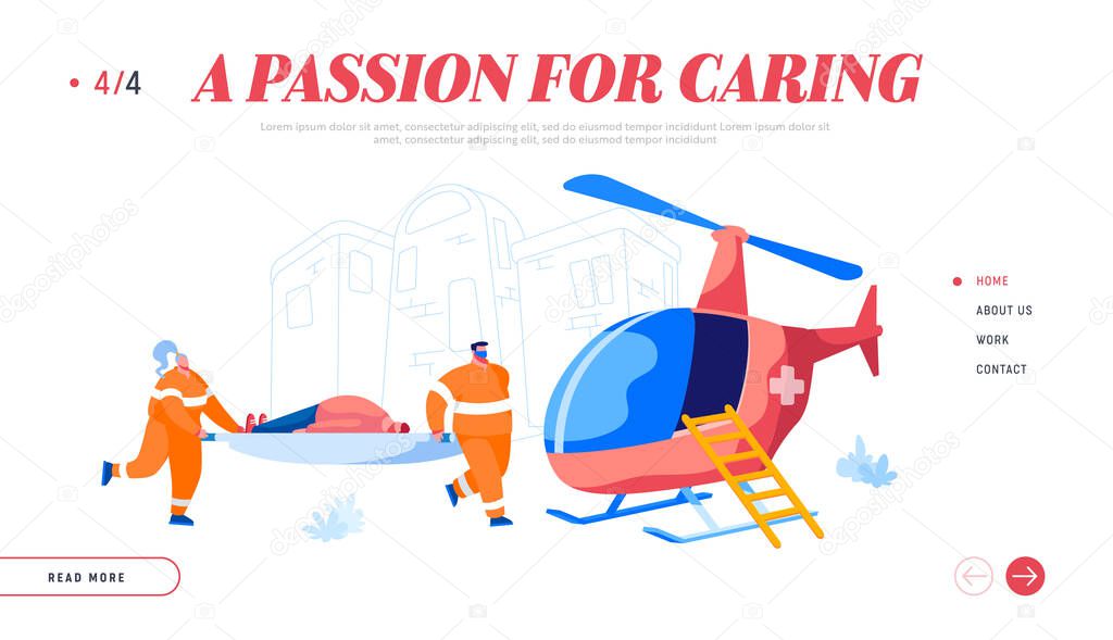 Ambulance Medical Staff Service Landing Page Template. Medic Rescuers Transporting Patient to Helicopter. Emergency Paramedic Doctor Characters Health Care Job. Cartoon People Vector Illustration