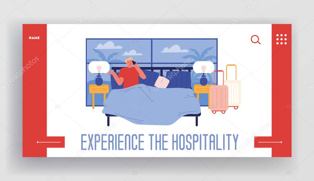 Room Service Ordering Landing Page Template. Male Character Hotel Lodger Lying in Bed with Exotic Window View Call to Reception Order Breakfast in Suit, Summer Vacation. Cartoon Vector Illustration