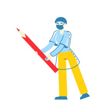 Küçük Doktor Cerrah Karakteri Hasta Burun Muayenesi için Büyük Kırmızı İşaretli Burun Cerrahisi ve Yüze Çizim. Tıbbi Yardım, Sağlık Kozmetoloji Konsepti. Doğrusal Vektör İllüstrasyonu