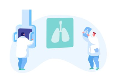 Tomografi, Pulmonoloji Bölümü 'nde florografik inceleme. Akciğerler X-ray Tıbbi Teşhis. Doktor Karakter Araştırma Patolojisi Hasta Teşhisi Taraması. Çizgi film İnsanları Vektör İllüstrasyonu