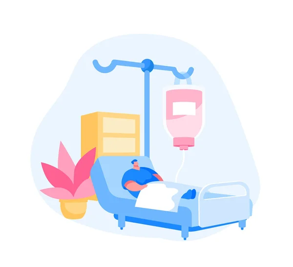 Conceito de cuidados de saúde. Doente ferido personagem paciente deitado na cama médica com conta-gotas. Clínica Ward Hospital Interior, Recuperação após a doença ou intoxicação, Luta pela vida. Desenhos animados Vector Ilustração —  Vetores de Stock