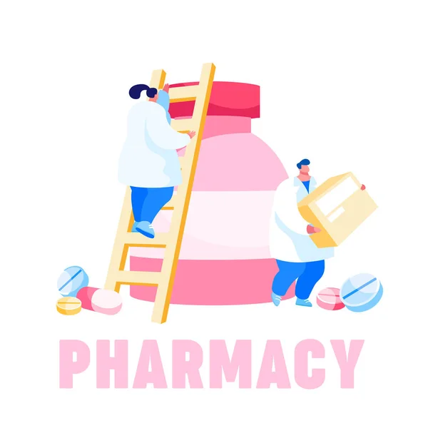 Tiny Pharmacist Characters Climbing on Huge Medicine Bottle with Drug Pills and Tablets. Farmacia, Trabajador de la farmacia con Remedy Production Box Poster Banner Flyer. Dibujos animados Gente Vector Ilustración — Vector de stock