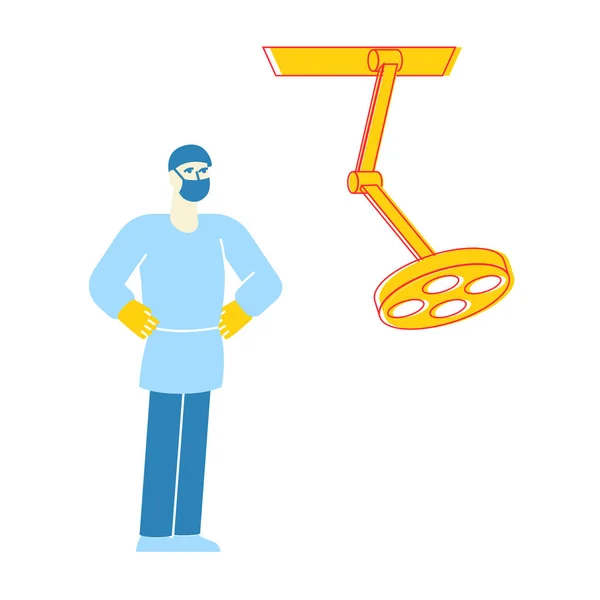 마취 과 의사 캐릭터 (Anesthetist or Surgeon Character Wearing Robe, Hat and Mask Stand with Arms Akimbo Prepare to Make Operation in Surgery Room with Lighting Equipment in Clinic) 는 미국의 영화이다. 비유적 인 벡터의 예 — 스톡 벡터
