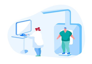 Tomografi, X-ray Ciğerlerin Tıbbi Teşhisi veya Göğüs Kemikleri. Hasta Hastalığı için Vücut Tarayıcı Ekipmanı, Doktor Karakter Araştırma Yarası ve Tarama Görüntüsünde Travma. Çizgi film İnsanları Vektör İllüstrasyonu