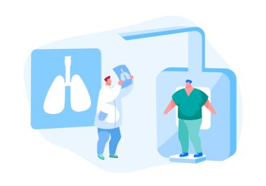 Akciğer tomografisi, florografi, X-ray Tıbbi Teşhis Kontrolü. Doktor Karakter Araştırması Pulmonoloji Hastalığı Patolojisi Hasta Tarama Görüntüsü Teşhisi. Çizgi film İnsanları Vektör İllüstrasyonu
