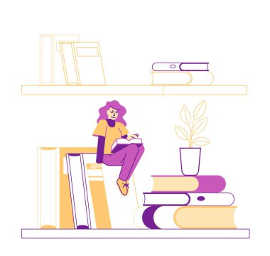 Küçük Erkek Karakteri, Büyük Kitaplar 'la birlikte kitaplığın üzerinde asılı duruyor. Eğitim, Sınavlara Hazırlık ve Okuma Hobisi. Kütüphanedeki Erkek Öğrenci, Kitaplık Arşivi. Doğrusal Vektör İllüstrasyonu