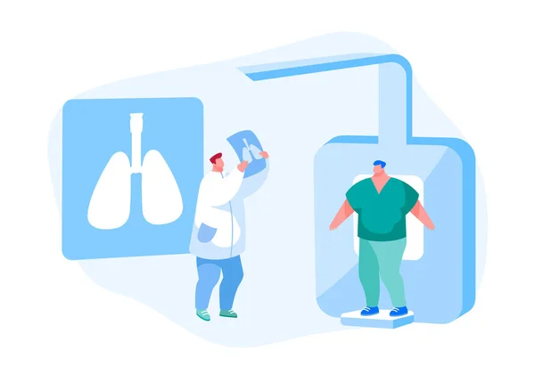 폐단층 촬영, 플러로 그래픽 , X- 선 의학 진단 체크 업. ( 영어 ) Doctor Character Research Pulmonology Disease Pathology on Patient Scan Image for Diagnosis. 카툰 사람들이 보여 주는 반사기 — 스톡 벡터