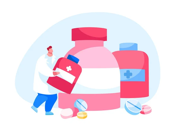 Carácter Doctor Farmacéutico en la túnica médica sosteniendo píldoras botella con tabletas de medicamentos dispersos alrededor. Tratamiento de Enfermedades en el Hospital, Servicio de Medicina Sanitaria. Ilustración de vectores de dibujos animados — Vector de stock