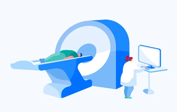 Caractère de docteur regardant les résultats du balayage de patient sur l'écran de moniteur d'ordinateur avant de Mri Machine avec l'homme étendu vers le bas. Examen des soins de santé à l'hôpital, numérisation. Illustration vectorielle des personnages de bande dessinée — Image vectorielle