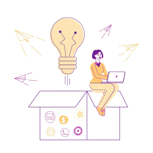 Donna d'affari o sviluppatore personaggio seduto su enorme scatola di cartone aperta con lampadina incandescente e aerei volanti. Think Outside Concept, Idee di innovazione e progetti. Illustrazione vettoriale lineare — Vettoriale Stock