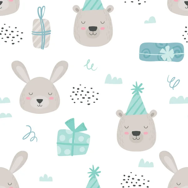 斯堪的纳维亚玩具动物无缝图案。宝宝背景可爱熊和兔子在生日兔子和礼品盒。男孩蓝色彩色林地纸或织物设计。卡通矢量图解 — 图库矢量图片