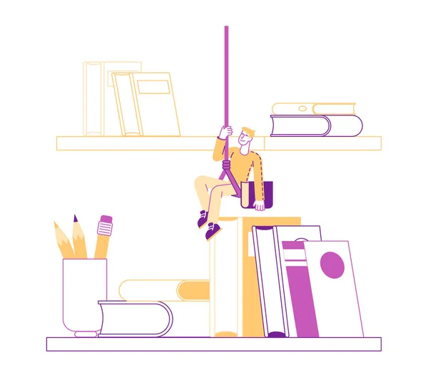 Pequeño personaje masculino colgando de la cuerda encima de la estantería con libros enormes. Educación, preparación para exámenes y pasatiempo de lectura. Hombre Estudiante en Biblioteca, Archivo con Librería. Ilustración de vectores lineales — Vector de stock