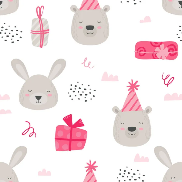 Menina rosa colorido Woodland Papel ou Tecido Design com escandinavo Teddy Animals. Padrão sem costura, Fundo do bebê com urso bonito e coelho em chapéus de aniversário e presentes. Desenhos animados Vector Ilustração — Vetor de Stock