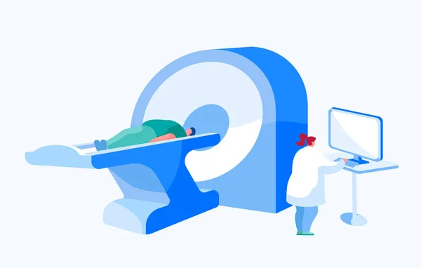 Doctor Character Looking at Results of Patient Scan on Computer Monitor Screen Front of Mri Machine with Man Lying Down. Health Care Check Up in Hospital, Scanning. Cartoon People Vector Illustration — Stock Illustration Doctor Character Looking at Results of Patient Scan on Computer Monitor Screen Front of Mri Machine with Man Lying Down. Health Care Check Up in Hospital, Scanning. Cartoon People Vector Illustration Royalty Free Stock Illustrations