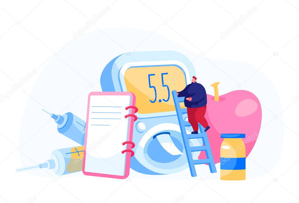 Male Character Stand on Ladder at Huge Glucose Blood Meter with Notebook, Apple, Medicine Bottle and Syringe around. National Diabetes Day, Patient Treatment, Check Up. Cartoon Vector Illustration