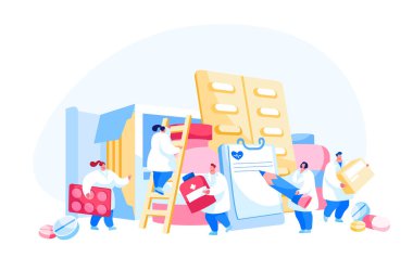 Beyaz Bornozlu Eczacı Doktorlar Büyük İlaç Kutuları ve Tıbbi Uyuşturucularla Duruyor. Eczane, Klinik, Hastane Sağlık Hizmetleri, İş yeri, Tıp Mesleği. Çizgi film İnsanları Vektör İllüstrasyonu