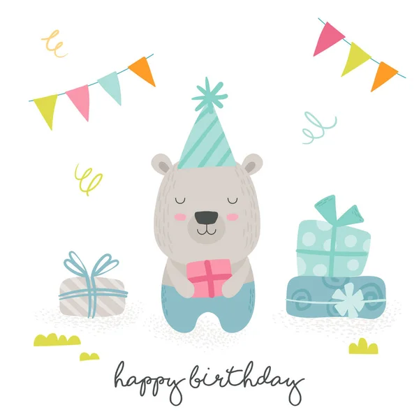 Happy Birthday Greeting Card with Cute Cartoon Scandinavian Style Teddy Bear Holding Wrapped Gift Box with Flags Garlands around and Hand Written Typography. Baby Animals Design. Vector Illustration — Stock Vector