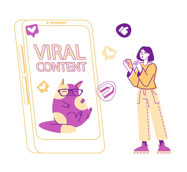 Drobná ženská postava v obrovském smartphonu s Funny Cat na obrazovce pomocí mobilu. Palec nahoru a magnet ikony kolem. Viral Content Spreadin, Follows Attraction, Feedback. Lineární vektorová ilustrace — Stockový vektor