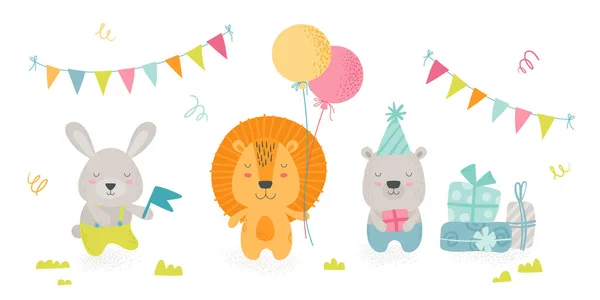 Lindos animales de peluche estilo boho escandinavo celebran la fiesta de cumpleaños feliz. Kawaii Conejo, León y Oso Holding Holidays Equipamiento Globos, Regalos y Bandera, Diseño Infantil. Ilustración de vectores de dibujos animados — Archivo Imágenes Vectoriales