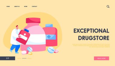 Hastanede Hastalık Tedavisi, Sağlık Hizmetleri Sağlık Hizmetleri İniş Sayfası Şablonu. Tıbbi Cüppeli Doktor Eczacı Karakteri İlaç Şişesi ve İlaç Tabletleri. Çizgi film Vektör İllüstrasyonu