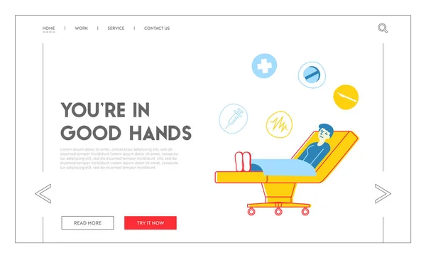 Mall för landningssida för hälso- och sjukvård. Sjuk skadad patient karaktär ligger i medicinsk säng. Klinik, sjukhus, återhämtning efter virussjukdom, förberedelse för näsplastik kirurgi. Linjär vektorillustration — Stock vektor