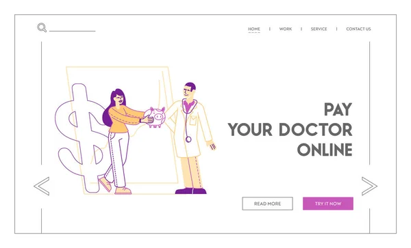 Precio de la medicina, personas que ahorran y recogen dinero, costo de atención médica, plantilla de landing page del presupuesto financiero. Woman Character Give Piggy Bank to Doctor at Huge Dollar and Graph. Ilustración de vectores lineales — Archivo Imágenes Vectoriales