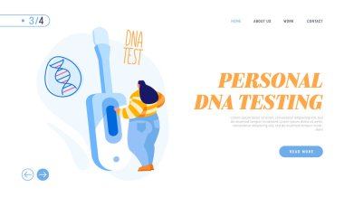 Genetik Test Teknolojisi İniş Şablonu. Hastalığı, Enfeksiyonu, Babalığı Belirlemek için Büyük Cihaz Ekspres DNA Testi 'nde Küçük Kadın Karakter Durağı. Çizgi film Vektör İllüstrasyonu