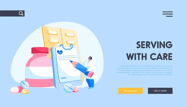 Farmácia, Tratamento em Clínica ou Hospital, Cuidados de saúde, Medicine Landing Page Template. Feminino médico farmacêutico escrevendo receita, pílulas de garrafa e comprimidos de medicina ao redor. Desenhos animados Vector Ilustração — Vetor de Stock