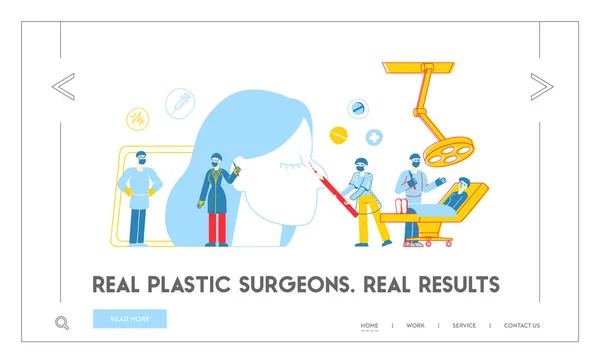 Procedimento de Correção de Rinoplastia, Melhoria Cirúrgica Nasal Modelo de Landing Page. Personagens do cirurgião plástico —  Vetores de Stock