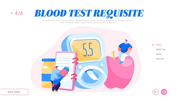Diabetes Blood Sugar Level Test na Digital Glucose Meter Landing Page Template. Znaky měřící cukr — Stockový vektor