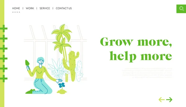 Femme appréciant les plantes Jardinage Hobby Landing Page modèle. Femme jardinier caractère travail dans le jardin botanique — Image vectorielle