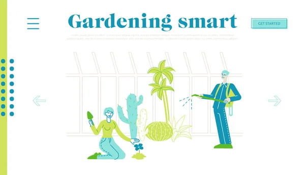 Caractères Cultiver, planter et entretenir des plantes dans le jardin Modèle de page de débarquement de serre. Les gens arrosant des arbres — Image vectorielle