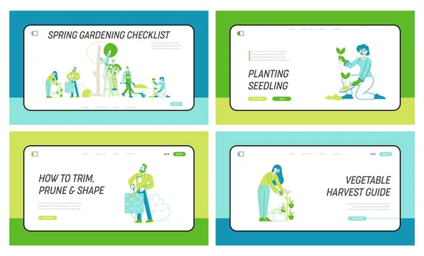 Jordbrukare, putsning, vård av träd och växter Landning Page Mall Set. Trädgårdsmästare Karaktärer Plantering Arbete i trädgården — Stock vektor