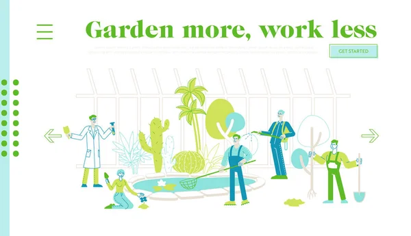 Jardineiros e Cientistas Personagens Crescendo e Cuidando de Plantas em Jardim Estufa Landing Page Template — Vetor de Stock