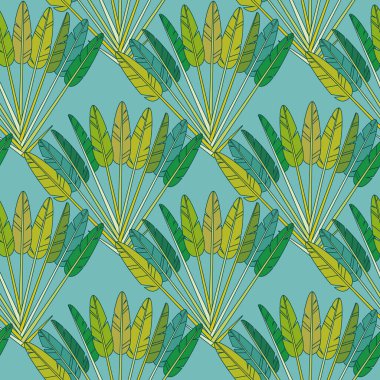 Yeşil Tropikal Palmiye Yaprakları ve Dalları Fan Geometrik Desen, Mavi Arkaplanda Botanik Tropik Yazı