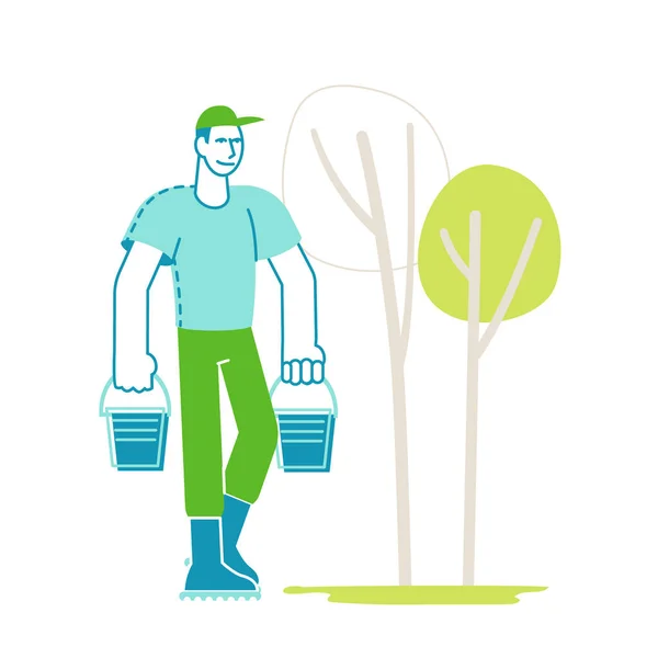 Personagem jardineiro masculino Carry Buckets para Árvores de rega e arbustos no jardim. Man in Boots Jardinagem Natureza Ao ar livre para o projeto da paisagem. Plant Growing Hobby, Yard Works. Ilustração Linear do Vetor — Vetor de Stock
