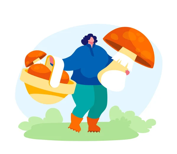Mladá žena v kempu Odpočinek na přírodě, venkovní aktivity. Dívka sbírá houby do koše v lese relaxační v krajině. Ženská postava Outdoor Leisure, Hobby. Cartoon Vector Illustration — Stockový vektor