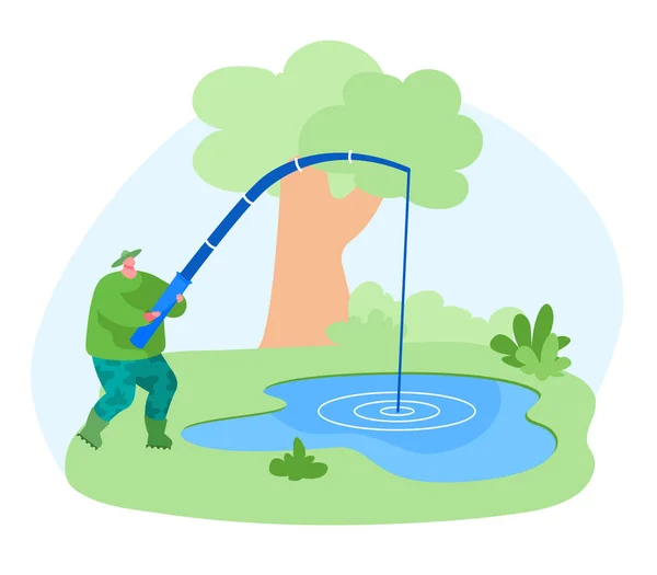 Fisherman Character with Rod Catching Fish in Pond. Fishing Outdoor Relaxing Summertime Hobby. Fishman Have Good Catch. Summer Time Leisure, Active Spending Time, Camping. Cartoon Vector Illustration — Stock Vector