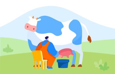 Üniformalı Sütçü Kız Karakteri Sandalyede Oturuyor ve İnek Sağıyor. Süt ve Mandıra Tarım Ürünleri, Hayvan Çiftliğinde Çiftlik Sahibi. Çizgi film Vektör İllüstrasyonu