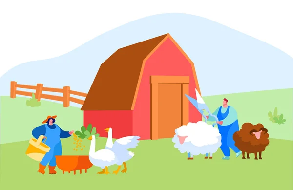 Homem jovem e mulher em roupão de trabalho alimentando gansos, aparando ovelhas na natureza. Agricultores, Personagens Villager no Trabalho Cuidar de Aves e Animais na Fazenda, Agricultura, Agricultura. Desenhos animados Vector Ilustração — Vetor de Stock