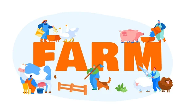 People on Farm Doing Farming Job Concept. Farmer Characters Feeding Domestic Animals and Birds, Milking Cow, Shearing Sheep on Livestock. Agriculture Poster Banner Flyer. Cartoon Vector Illustration — Stock Vector