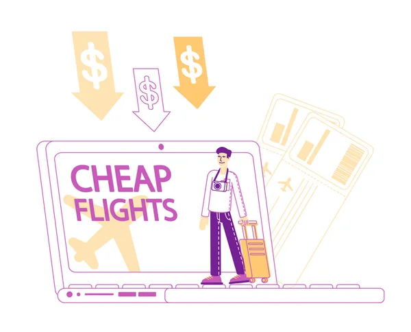 Goedkope vlucht, Low Cost Airline Aanbieding, Winstgevende promotie concept. Tine Man Karakter Toerist met Koffertje en Fotocamera Stand op Enorme Laptop Booking Vliegtickets. Lineaire vectorillustratie — Stockvector