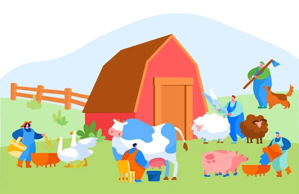家畜への餌やり、牛の乳搾り、羊の毛作り、家畜への餌やり。農場で牛を扱う男性と女性の農家のキャラクター。漫画ベクターイラスト — ストックベクタ