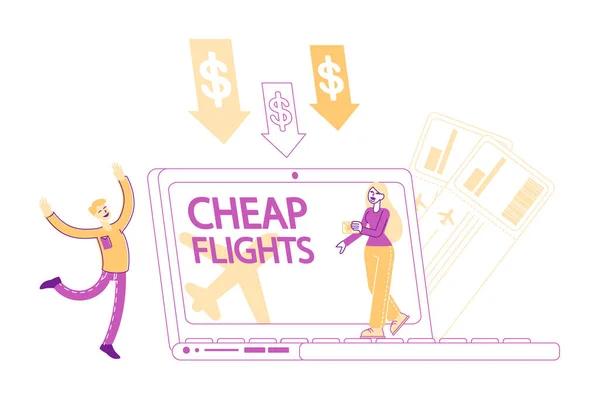 Ucuz Uçuş, Ekonomi Seyahati, Özel Teklif. Tiny Male and Female Characters İnternet Analiz Fiyatları İnternetten Uçak Biletleri Satın Alıyor. Düşük Maliyetli Havayolu Discounter. Doğrusal İnsanlar Vektör İllüstrasyonu — Stok Vektör