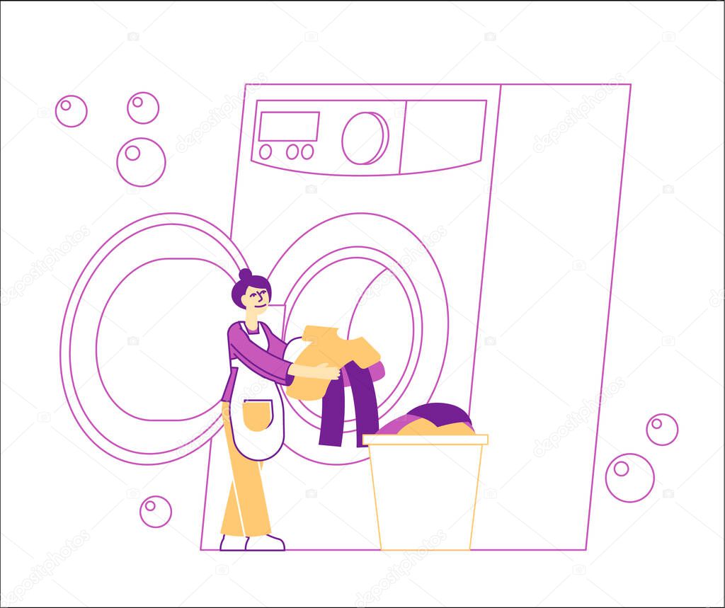 Industrial or Domestic Launderette Washing, Cleaning Service. Female Character in Public Laundry Laying Clean Clothes to Basket Loading Dirty Clothing to Laundromat Machine. Linear Vector Illustration